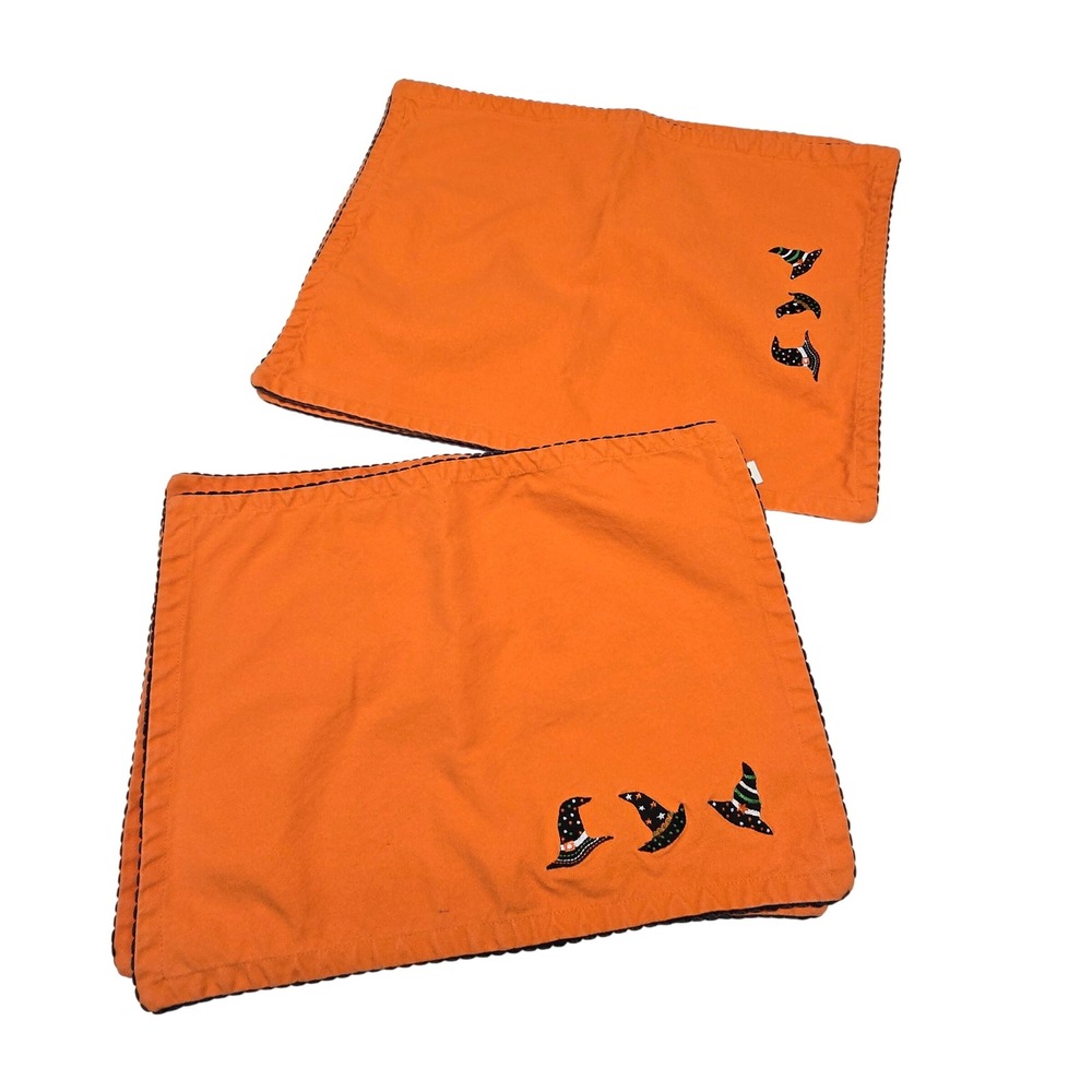 Vintage Placemats Set of 4 Orange Witch Hat Embroidered Halloween Decor Grandma